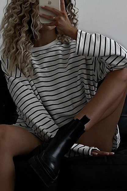 Casual Daily Striped Print Slit Contrast O Neck Tops