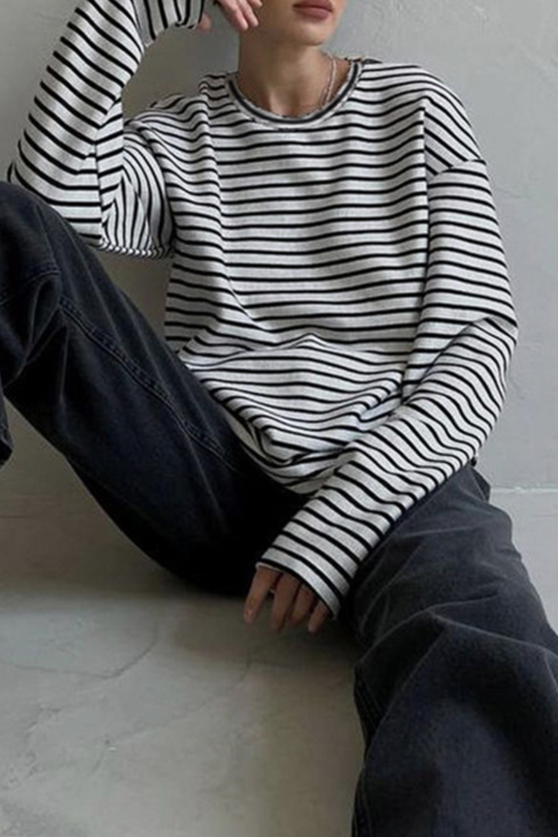 Casual Daily Striped Print Slit Contrast O Neck Tops