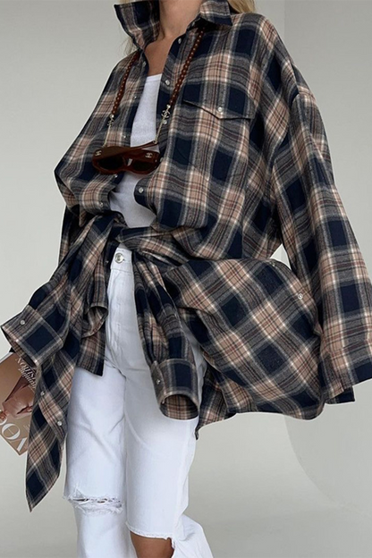 Casual Plaid Pocket Buttons Contrast Turndown Collar Blouses