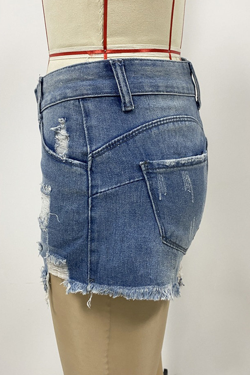 Casual Daily Ripped Without Belt High Waist Loose Denim Shorts(No Belt)