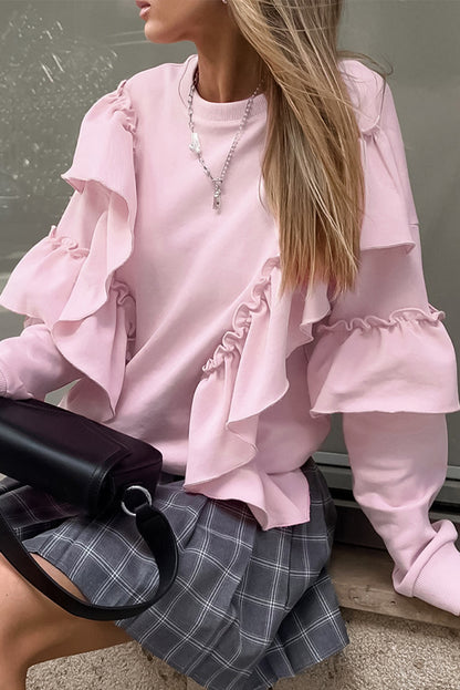 Casual Daily Solid Color Ruffle O Neck Hoodies