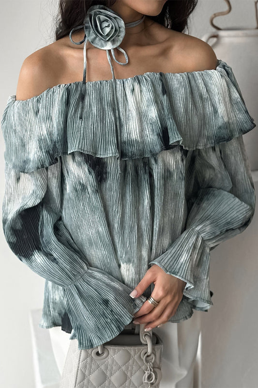 Sexy Tie Dye Ruffle Flowers Contrast Off Shoulder Tops