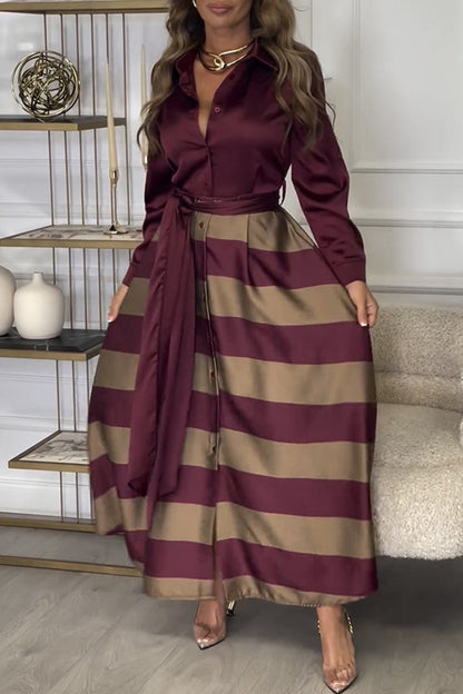 Elegant Stripe Lace Up Contrast Turndown Collar Shirt Dresses