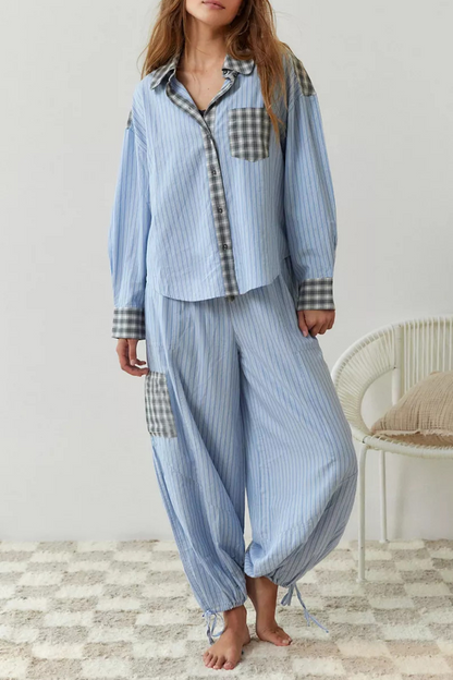 Casual Plaid Draw String Pocket Contrast Turndown Collar Long Sleeve Two Pieces