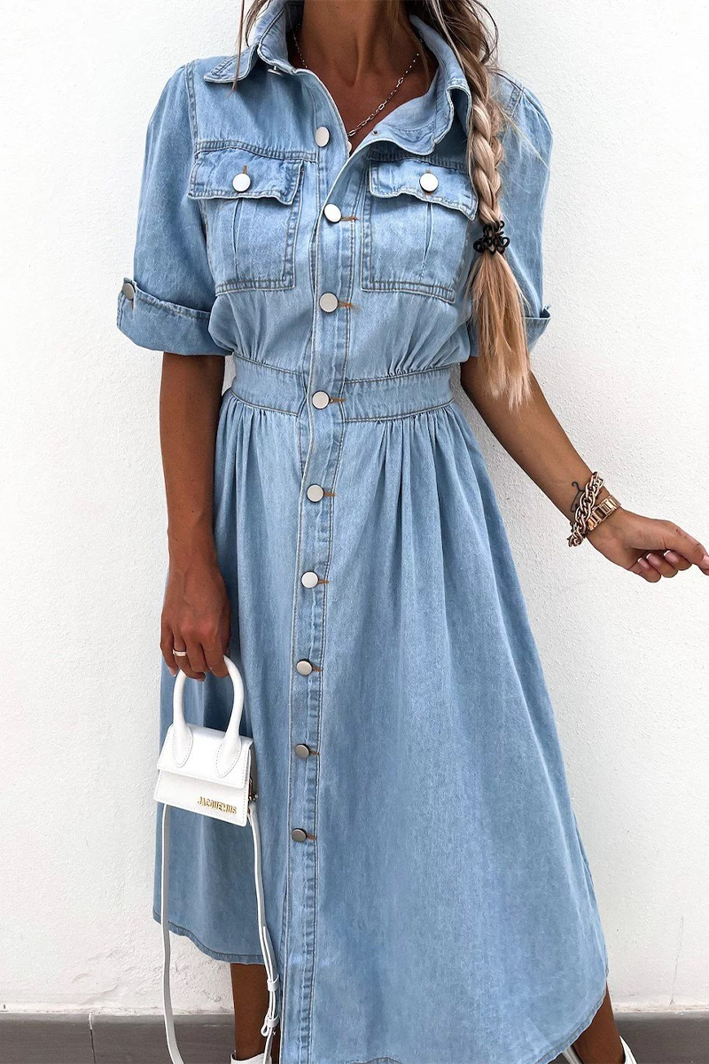 Casual Street Buttons Patchwork Turndown Collar Short Sleeve Loose Denim Dresses