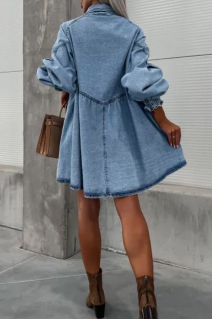 Casual Street Pocket Buttons Turndown Collar Long Sleeve Loose Denim Dresses