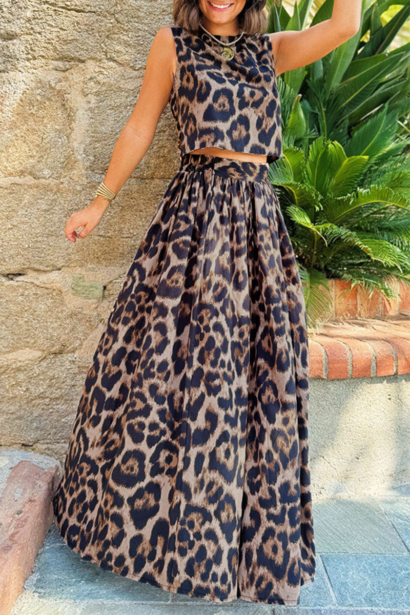 Casual Vacation Leopard Backless Contrast O Neck Sleeveless Two Pieces