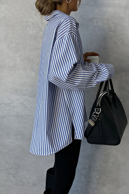 Casual Stripe Buttons Turndown Collar Blouses