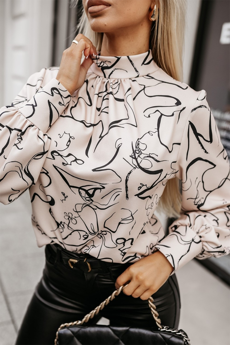 Street Elegant Geometric Print Buttons Half A Turtleneck Tops