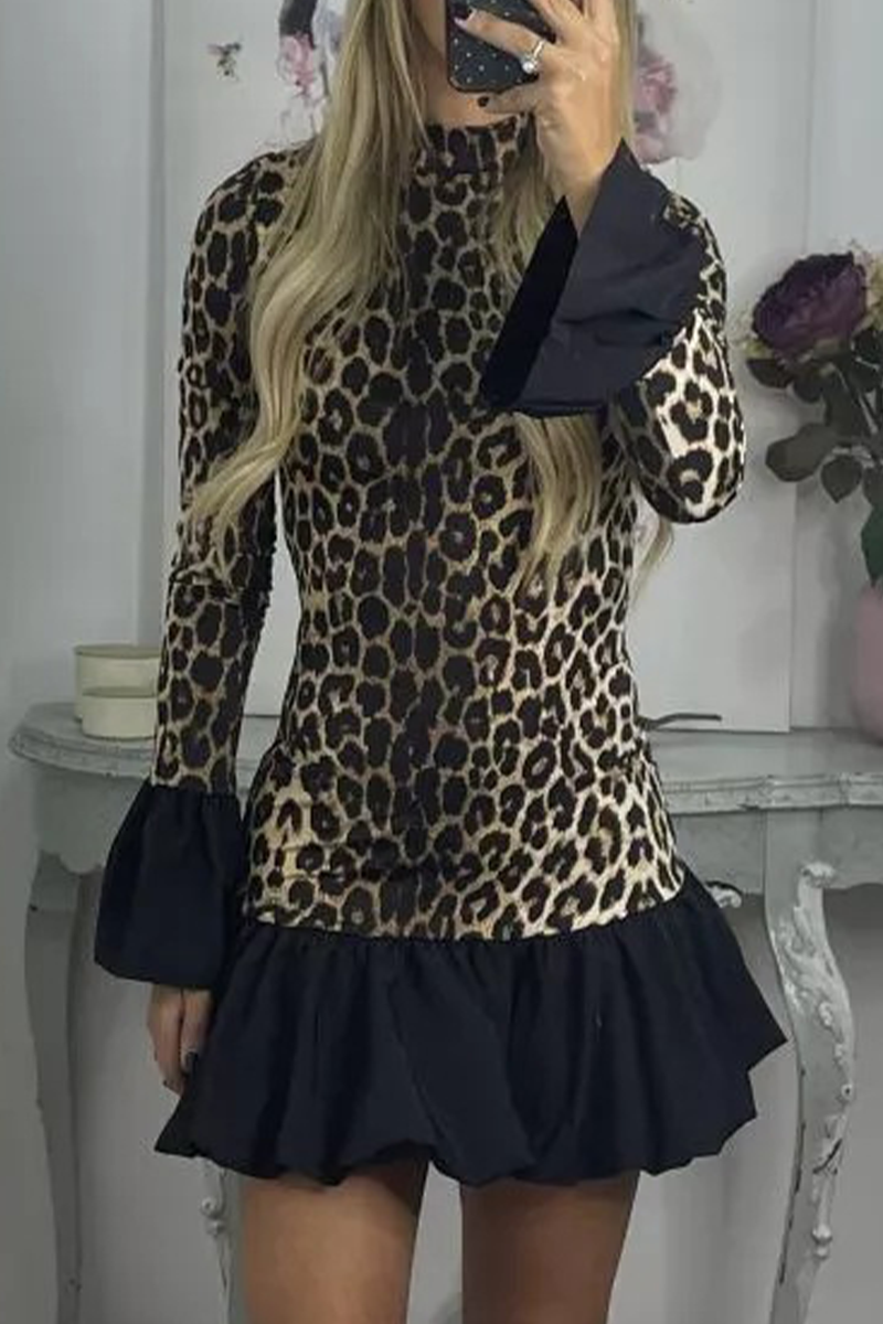 Street Elegant Leopard Patchwork Ruffle Half A Turtleneck Mini Dresses