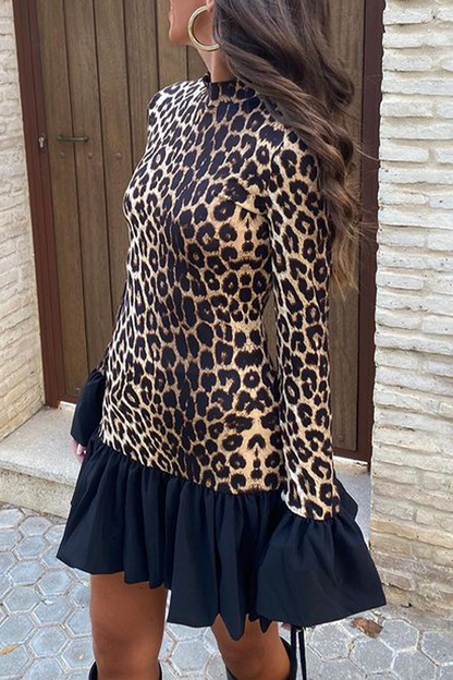 Street Elegant Leopard Patchwork Ruffle Half A Turtleneck Mini Dresses