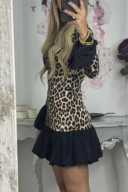 Street Elegant Leopard Patchwork Ruffle Half A Turtleneck Mini Dresses