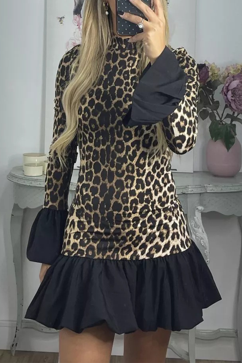 Street Elegant Leopard Patchwork Ruffle Half A Turtleneck Mini Dresses