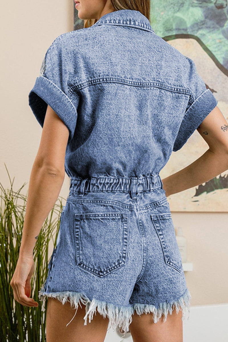 Casual Ripped Patchwork Turndown Collar Short Sleeve High Waist Regular Denim Romper(4 Colors)