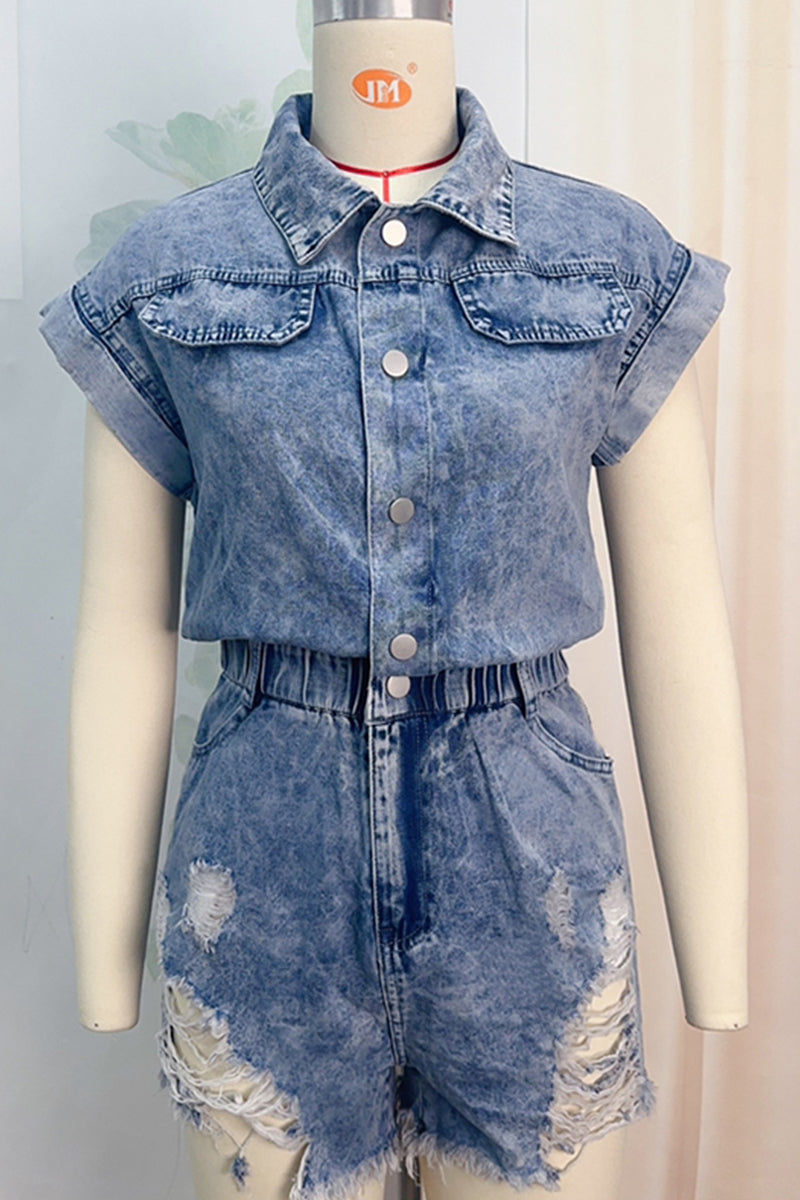 Casual Ripped Patchwork Turndown Collar Short Sleeve High Waist Regular Denim Romper(4 Colors)