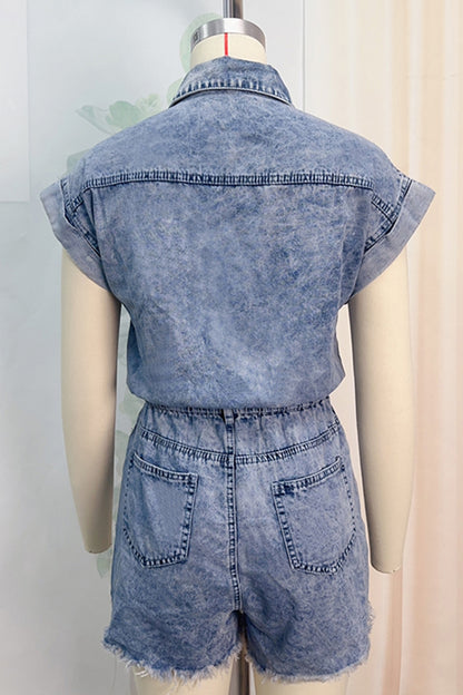 Casual Ripped Patchwork Turndown Collar Short Sleeve High Waist Regular Denim Romper(4 Colors)