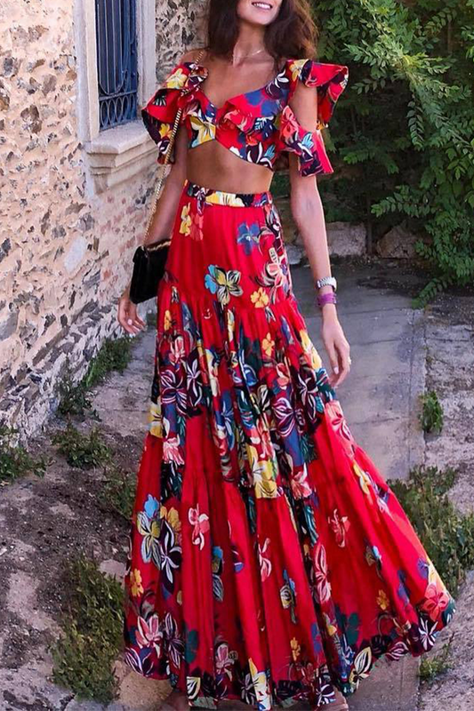 Sexy Vacation Floral Print Ruffle V Neck Long Dresses