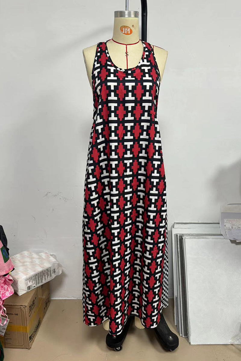 Casual Print Backless U Neck Long Dresses