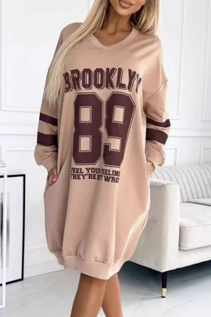 Casual Street Digital Letter Print V Neck Long Sleeve Dresses(4 Colors)