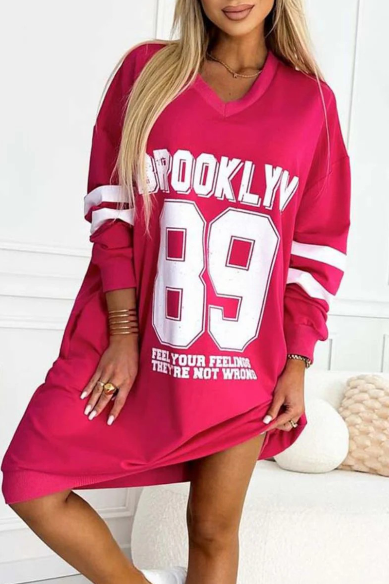 Casual Street Digital Letter Print V Neck Long Sleeve Dresses(4 Colors)