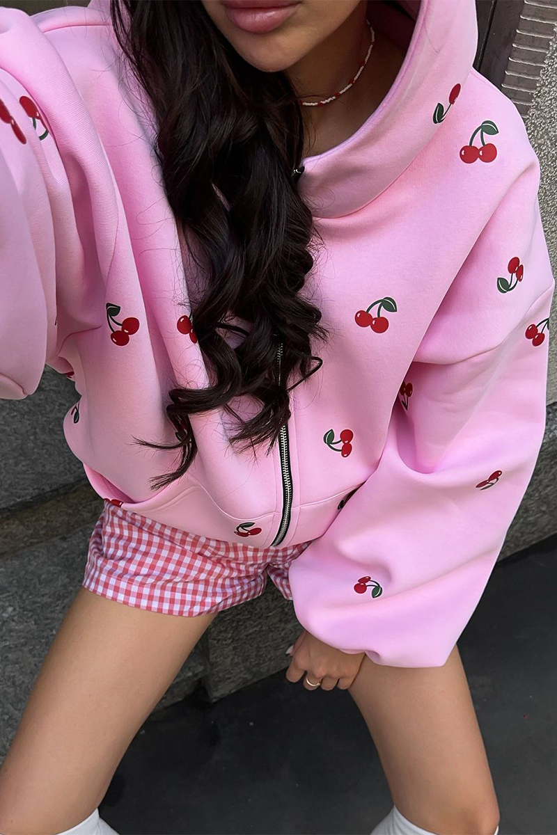 Casual Street Fruit Print Pocket Zipper Hooded Tops