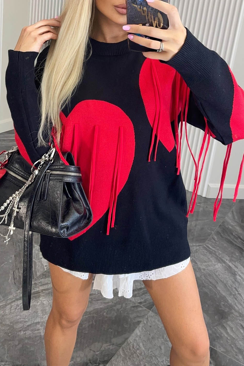 Casual Street Heart Shaped Fringed Trim Weave Contrast O Neck Sweaters(5 Colors)