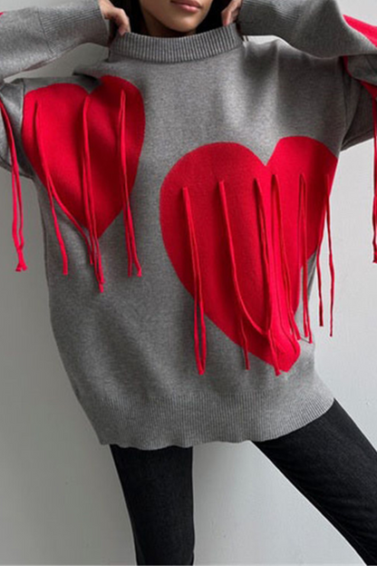 Casual Street Heart Shaped Fringed Trim Weave Contrast O Neck Sweaters(5 Colors)