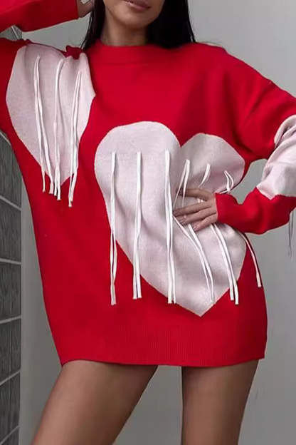 Casual Street Heart Shaped Fringed Trim Weave Contrast O Neck Sweaters(5 Colors)