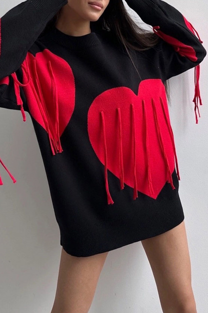 Casual Street Heart Shaped Fringed Trim Weave Contrast O Neck Sweaters(5 Colors)