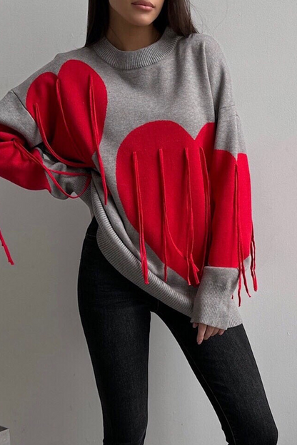 Casual Street Heart Shaped Fringed Trim Weave Contrast O Neck Sweaters(5 Colors)