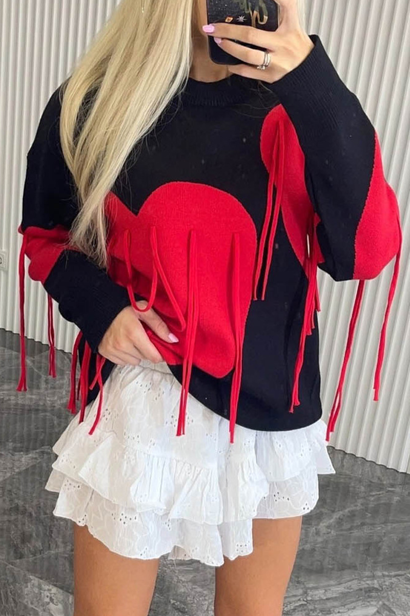 Casual Street Heart Shaped Fringed Trim Weave Contrast O Neck Sweaters(5 Colors)