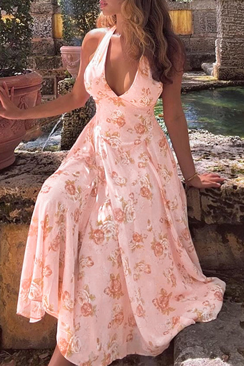 Sexy Vacation Flowers Backless Halter Sleeveless Dresses