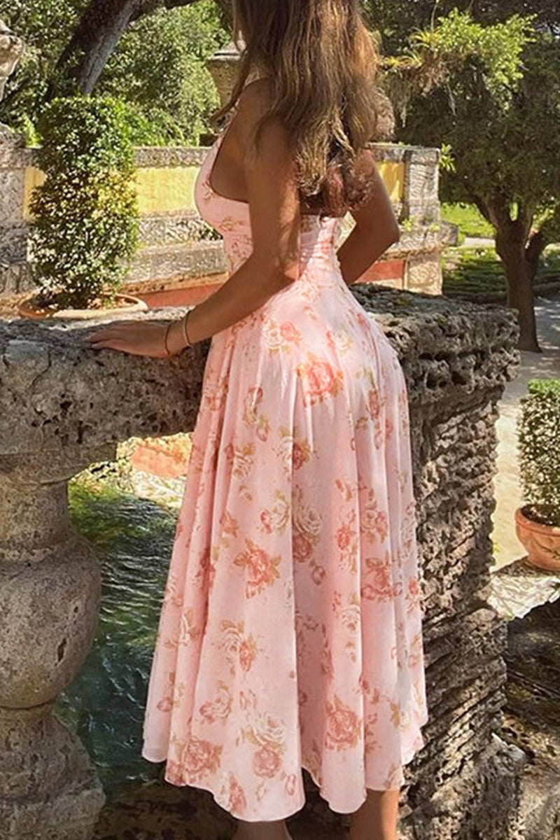 Sexy Vacation Flowers Backless Halter Sleeveless Dresses