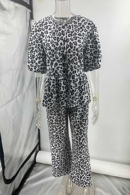 Casual Street Leopard Patchwork O Neck Short Sleeve Two Pieces