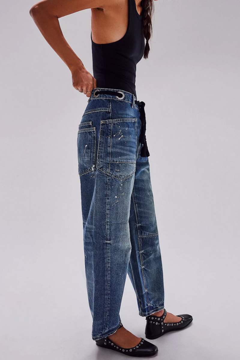 Casual Patchwork Pocket Mid Waist Straight Denim Jeans