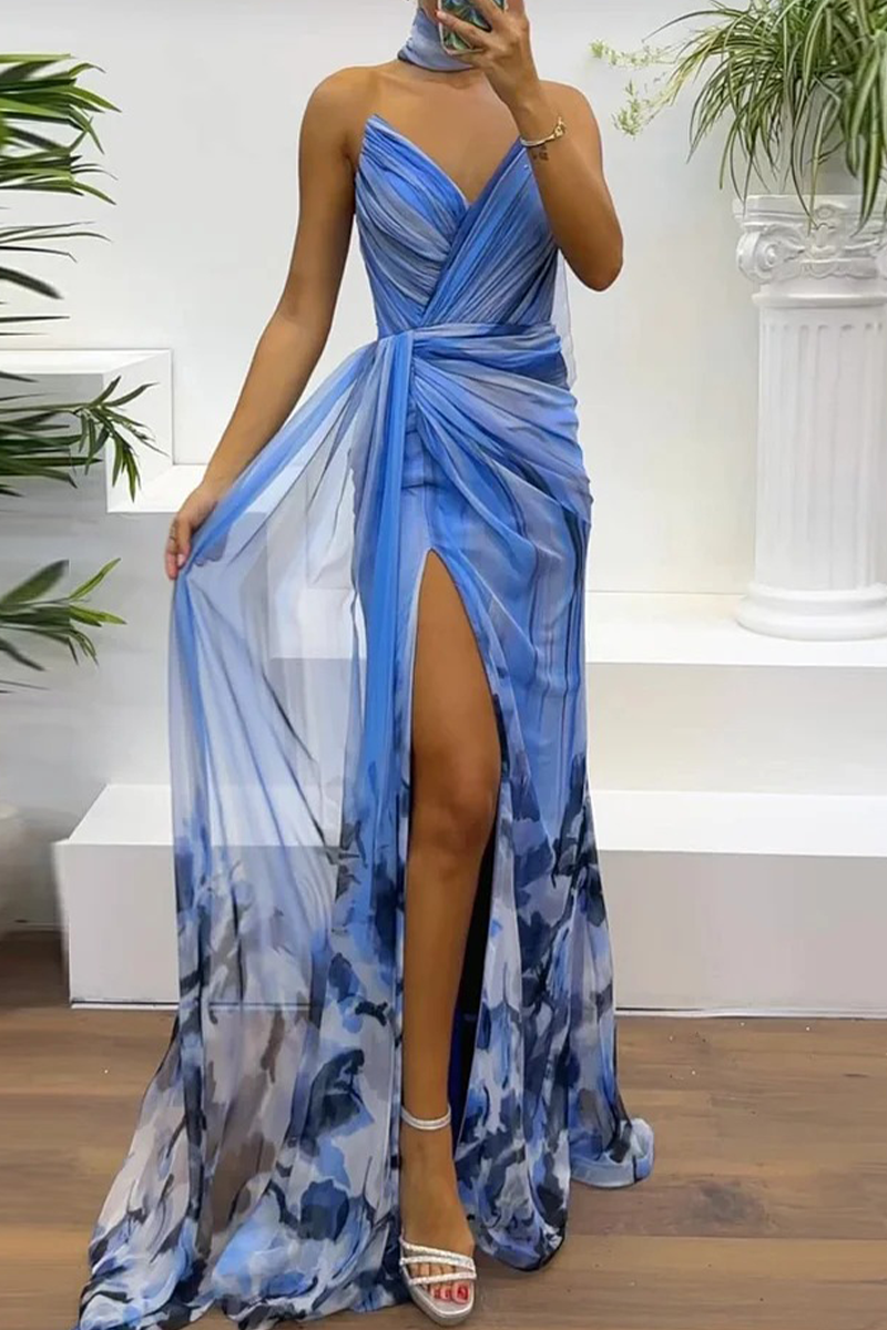 Sexy Prom Gradient Color Slit Ruched Contrast V Neck Evening Dresses