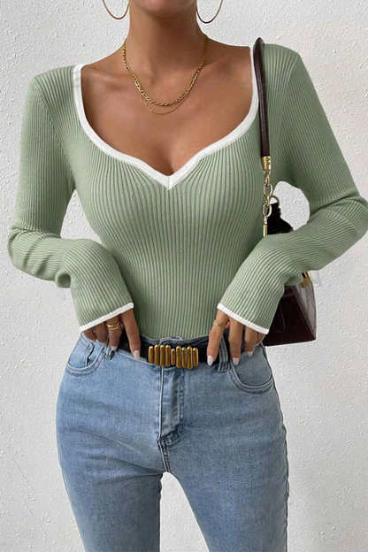 Casual Daily Solid Color Contrast V Neck Tops