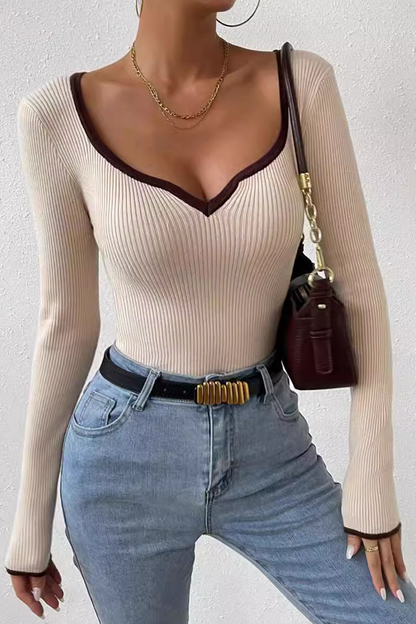 Casual Daily Solid Color Contrast V Neck Tops