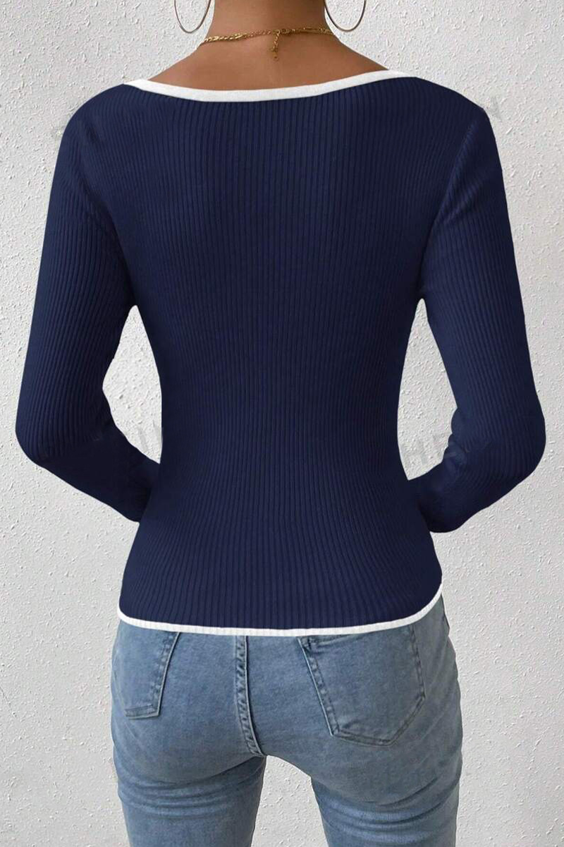 Casual Daily Solid Color Contrast V Neck Tops