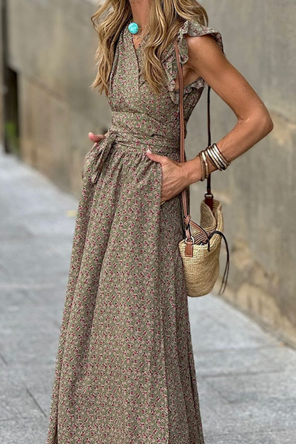 Casual Street Floral Print Pocket Ruffle V Neck A Line Dresses