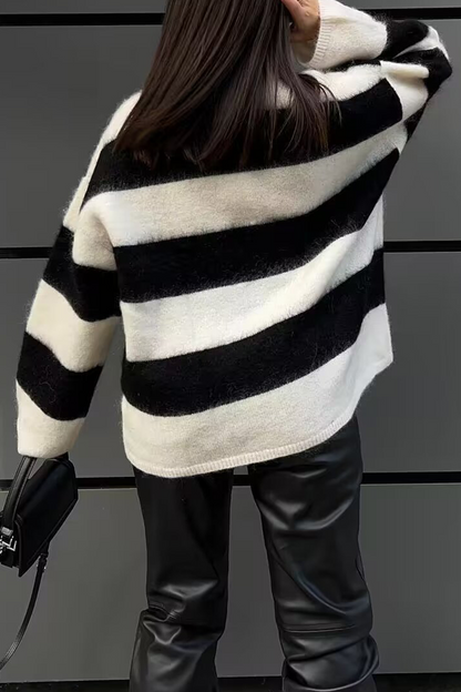 Casual Stripe Fluffy Contrast O Neck Sweaters