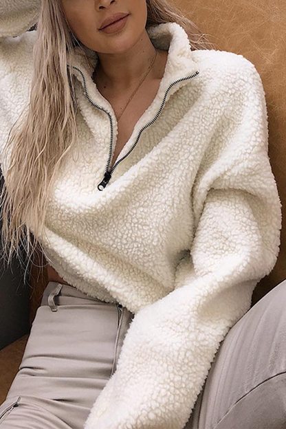 Casual Zipper Fluffy Turndown Collar Hoodies