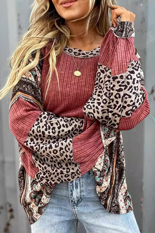 Casual Stripe Leopard Patchwork Contrast O Neck Tops