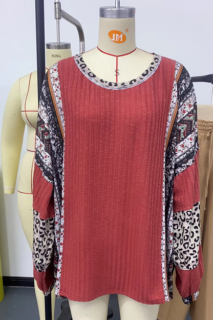 Casual Stripe Leopard Patchwork Contrast O Neck Tops