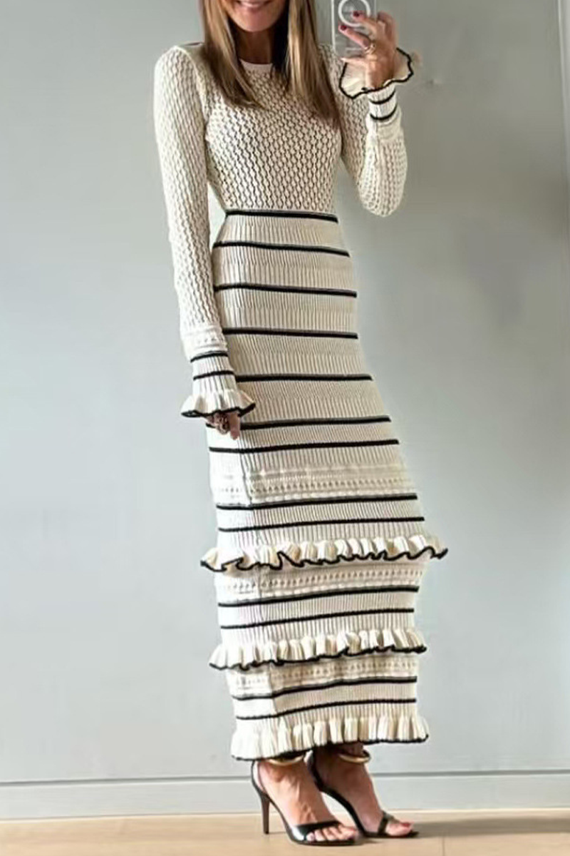 Casual Stripe Ruffle Weave Contrast O Neck Wrapped Skirt Dresses