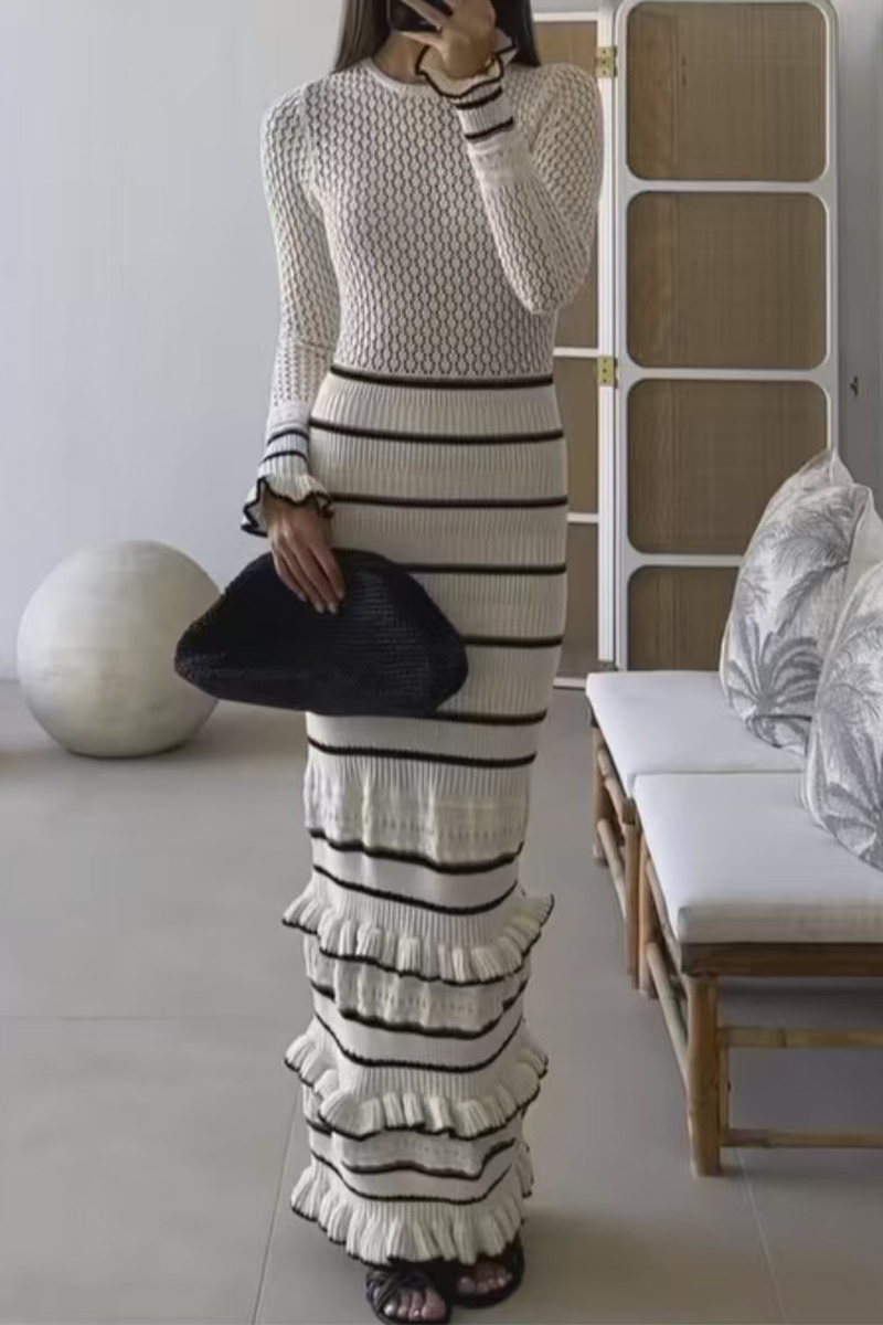 Casual Stripe Ruffle Weave Contrast O Neck Wrapped Skirt Dresses