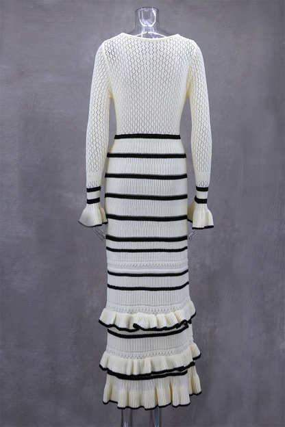 Casual Stripe Ruffle Weave Contrast O Neck Wrapped Skirt Dresses