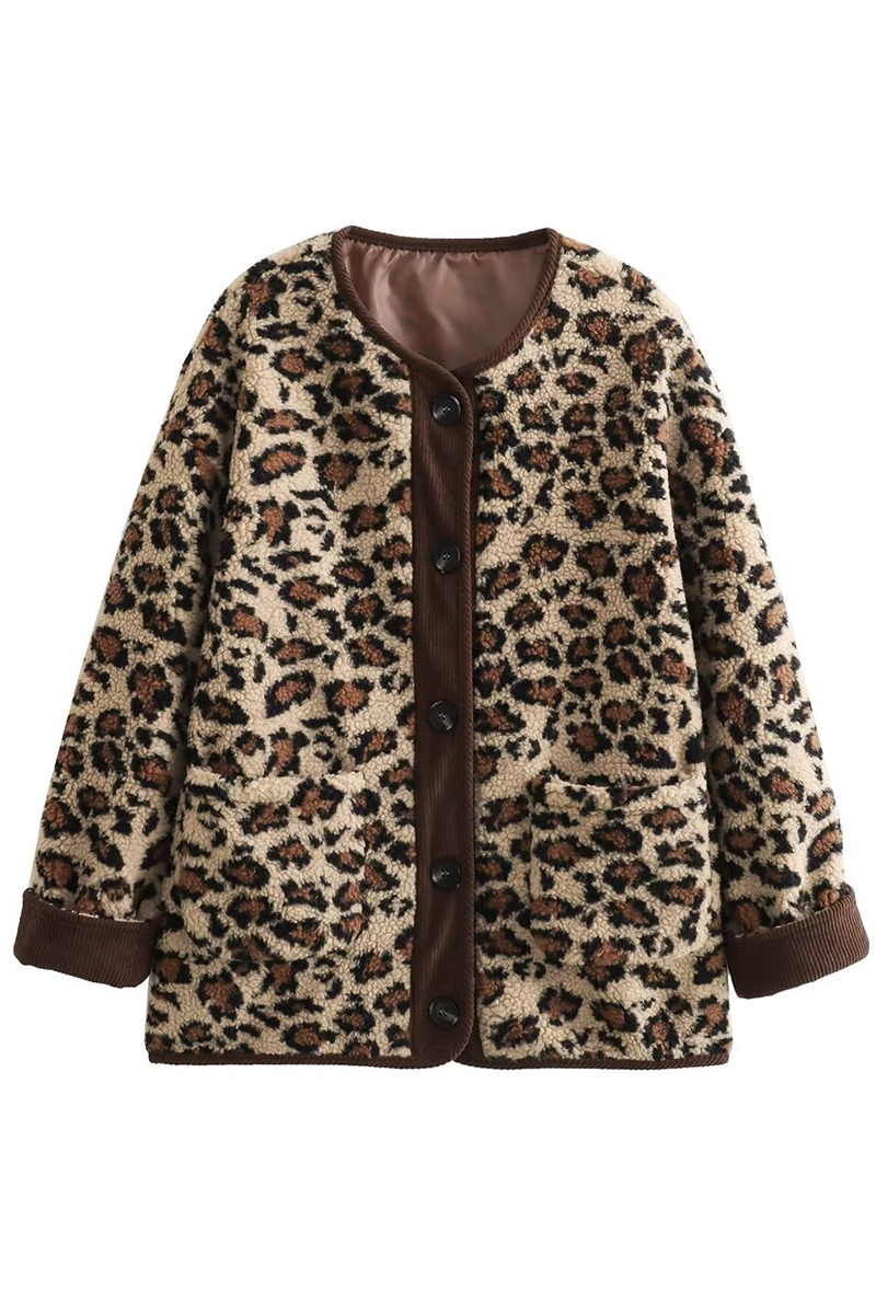 Casual Street Leopard Pocket Patchwork Fluffy O Neck Outerwear