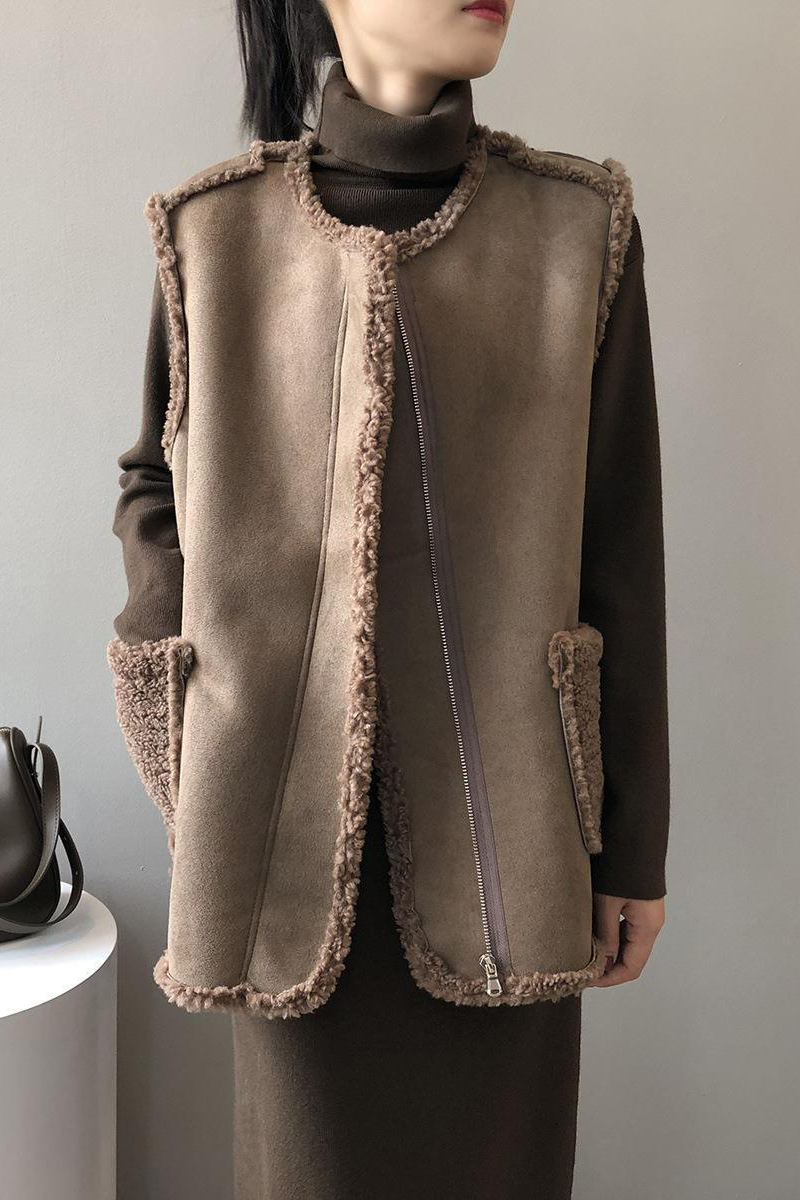 Casual Pocket Patchwork Fluffy O Neck Waistcoats