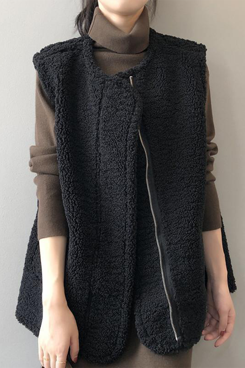 Casual Pocket Patchwork Fluffy O Neck Waistcoats